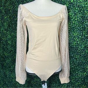NWT Nude Bodysuit Swiss Dot Off Shoulder Sheer Sleeves PINKMSTYLE Sz L